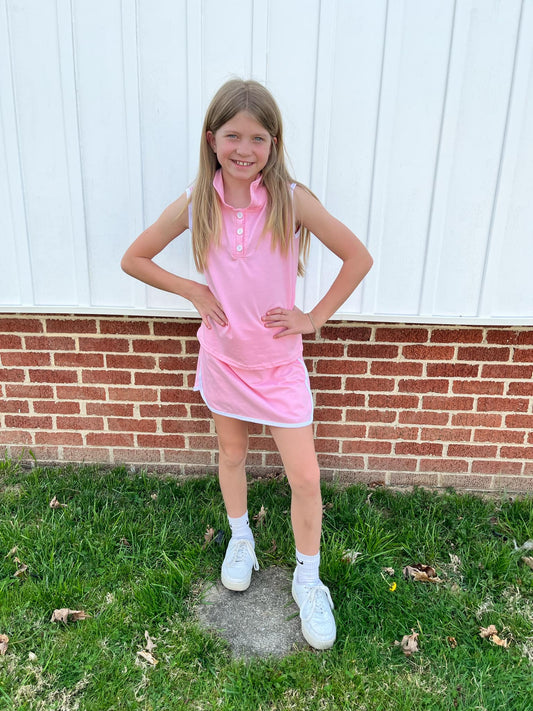 GSD1975  Pink Color Sleeveless Polo Top Skirts Shorts Girls Summer Sports Clothes Set