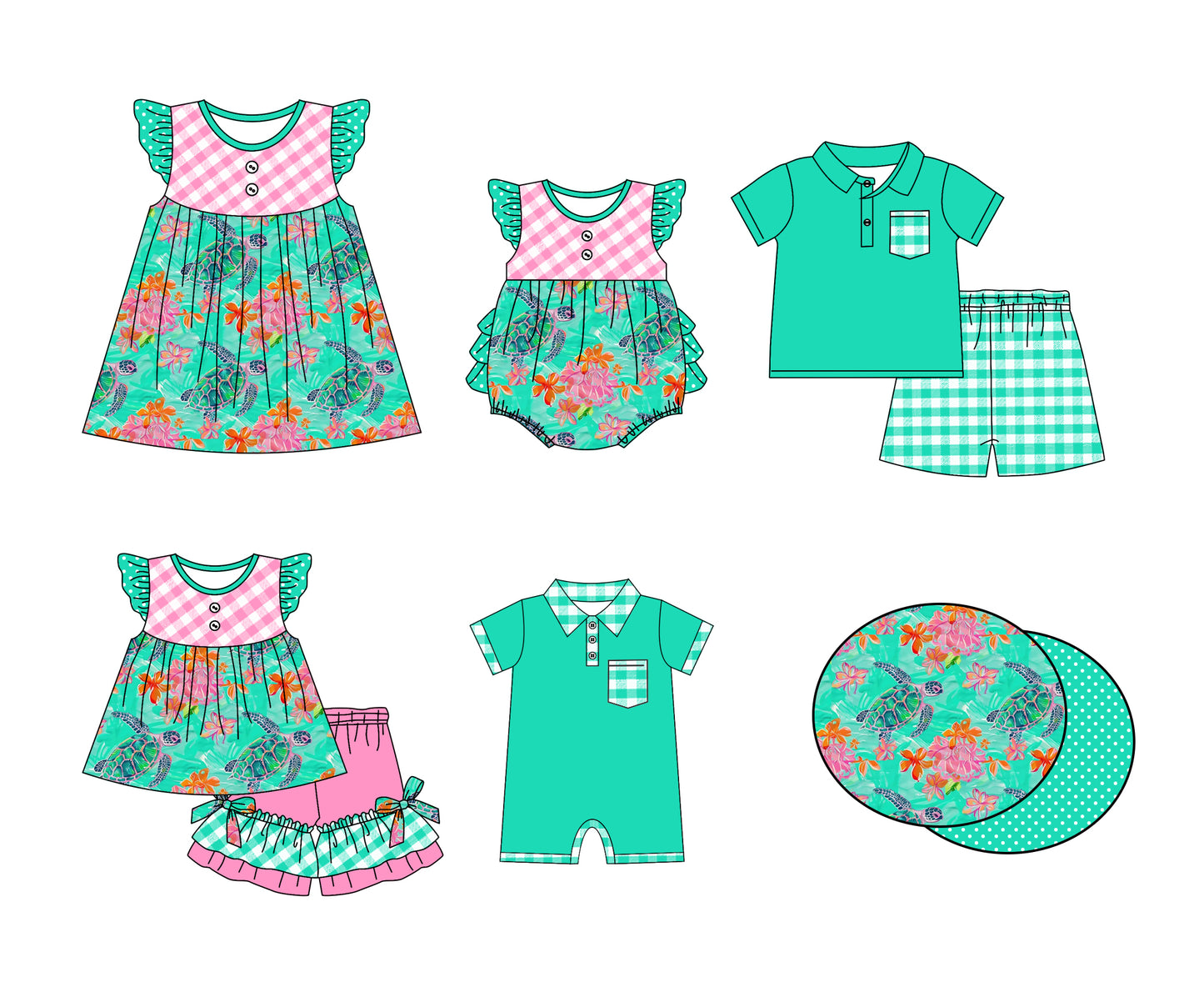 11.4(Custom Design Preorder MOQ 5 Each Design) Sea Turtle Green Print Kids Summer Matching Clothes Sibling Wear