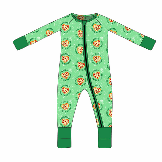 (Split Order Preorder) Deadline November 30 Heart Pizza Green Print Baby Girls Valentine's Day Zipper Sleeper Romper