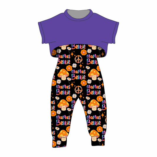 3.10(Custom Design Preorder MOQ 5) Purple Top MAMA'S BESTIE Flowers Jumpsuits Girls Clothes Set