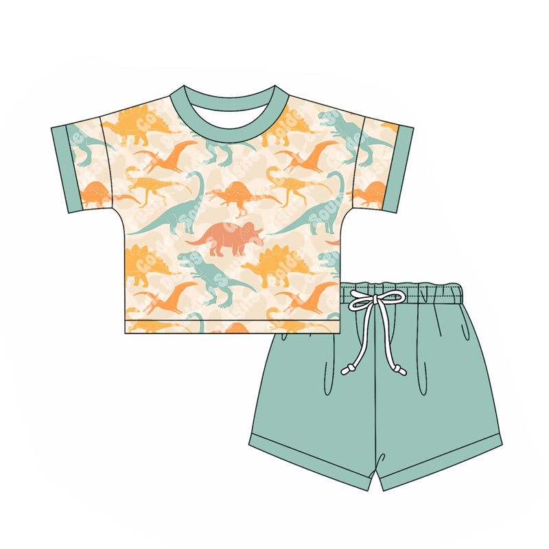 2.24(Custom Design Preorder MOQ 5) Dino Top Green Shorts Kids Summer Clothes Set