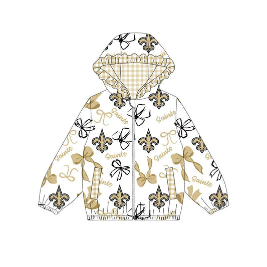 (Custom Design Preorder MOQ 5) Team's Saints Bows Print Pockets Girls Long Sleeve Zipper Jackets Top