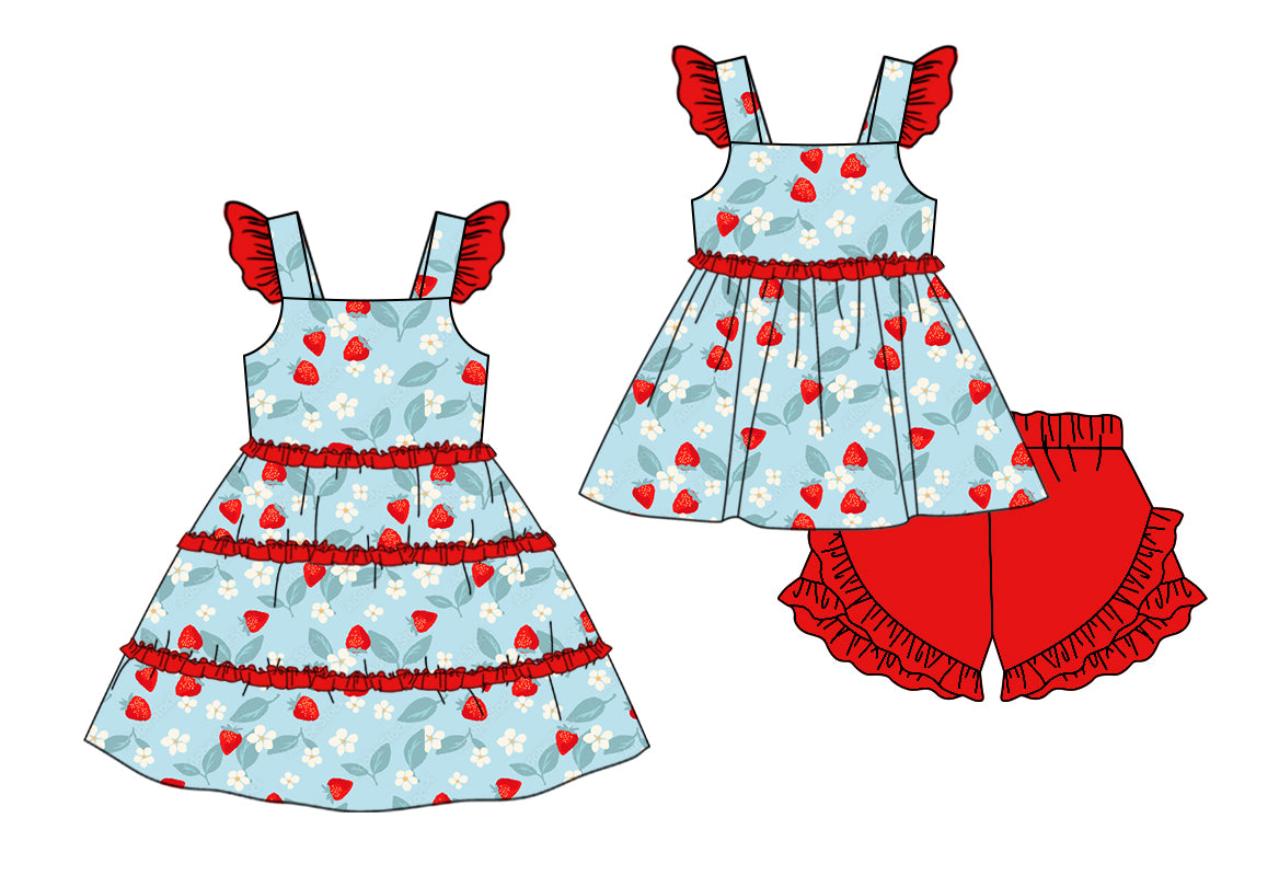 11.11(Custom Design Preorder MOQ 5 Each Design) Strawberry Flowers Blue Print Girls Summer Matching Clothes Set Sisters Wear