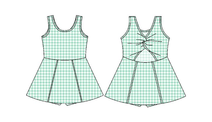 (Custom Design Preorder MOQ 5) Green Plaid Print Girls Knee Length Shorts 1 Pieces Athletic Dress