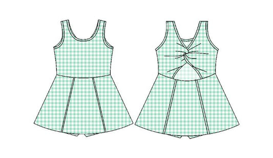 (Custom Design Preorder MOQ 5) Green Plaid Print Girls Knee Length Shorts 1 Pieces Athletic Dress