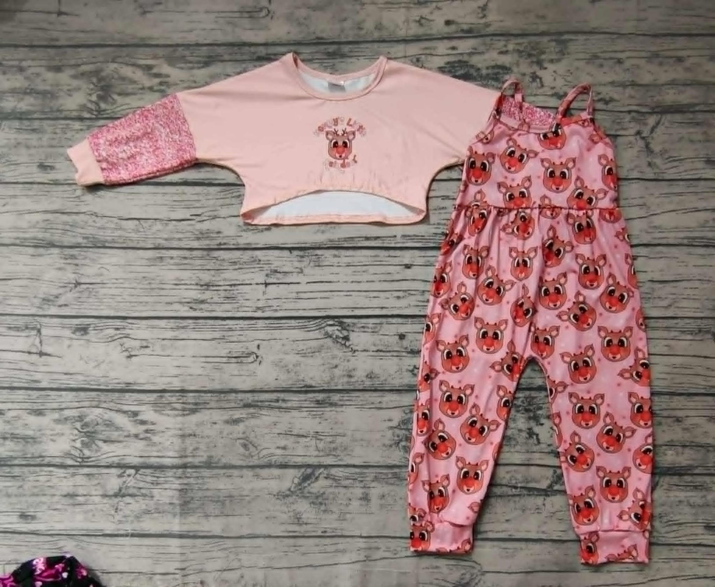 (Custom Design Preorder MOQ 3) Pink Top Deer Jumpsuits Girls Christmas Clothes Set