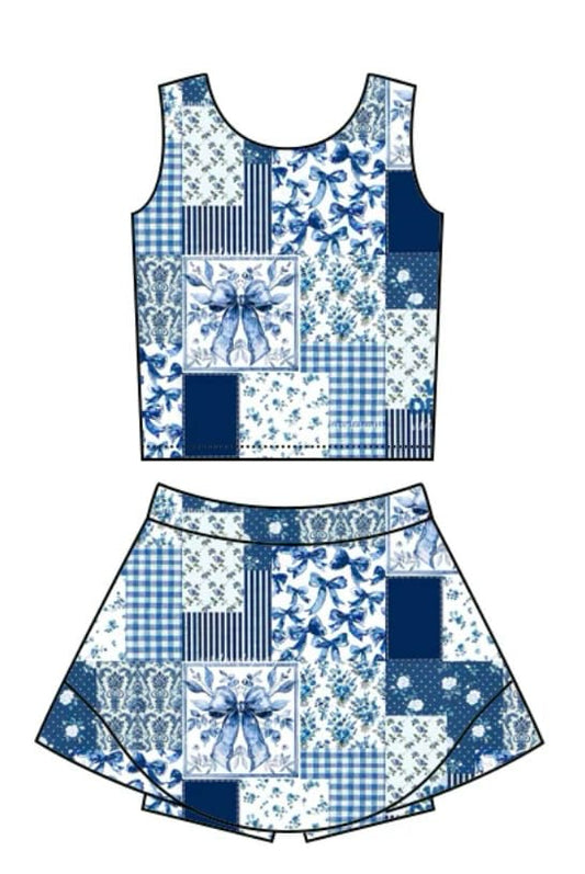 (Custom Design Preorder MOQ 5) Blue Flowers Bows Print Shorts Skirts Girls Summer Yoga Clothes Set