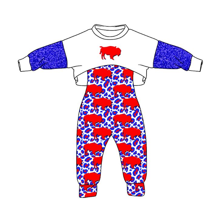 (Custom Design Preorder MOQ 5) Team's BUFFALO White Top Leopard Jumpsuits Girls Fall Clothes Set