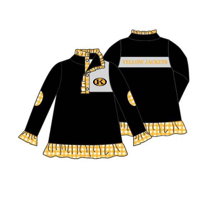 (Custom Design Preorder MOQ 5) Team's Yellow Jackets Print Girls Long Sleeve Pullover Buttons Tops