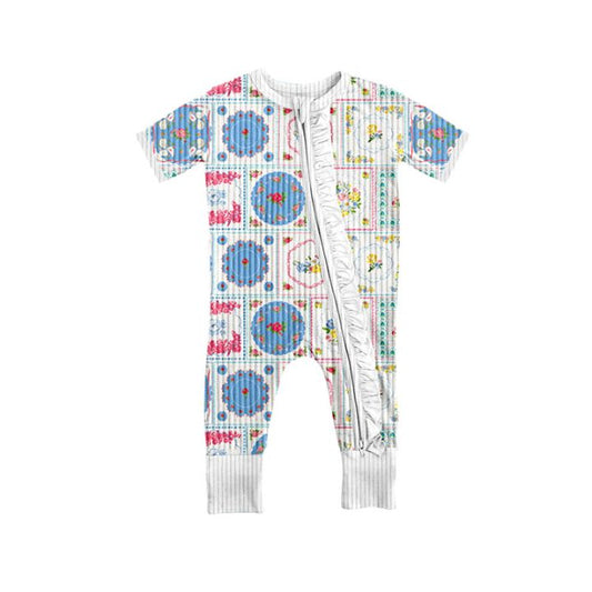 (Custom Design Preorder MOQ 5) Ribbed Flowers Print Baby Girls Fall Sleeper Zipper Romper