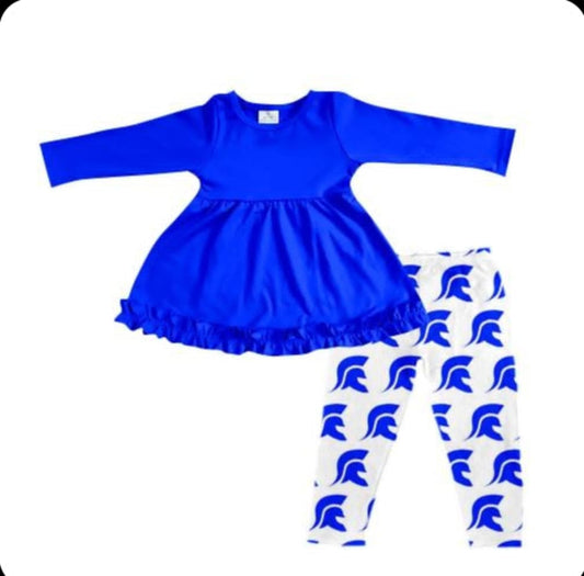 (Custom Design Preorder MOQ 5) Blue Tunic Top Team's TROJANS Legging Pants Girls Fall Clothes Set