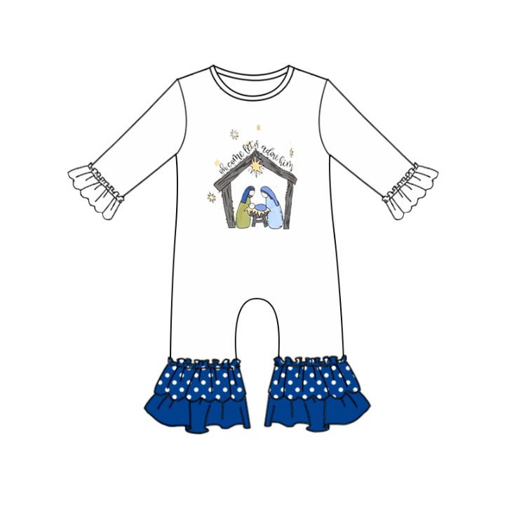 (Custom Design Preorder MOQ 5) Nativity White Print Baby Girls Christmas Romper