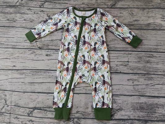 (Custom Design Preorder MOQ 5) Dark Green Duck Print Baby Kids Sleeper Zipper Romper