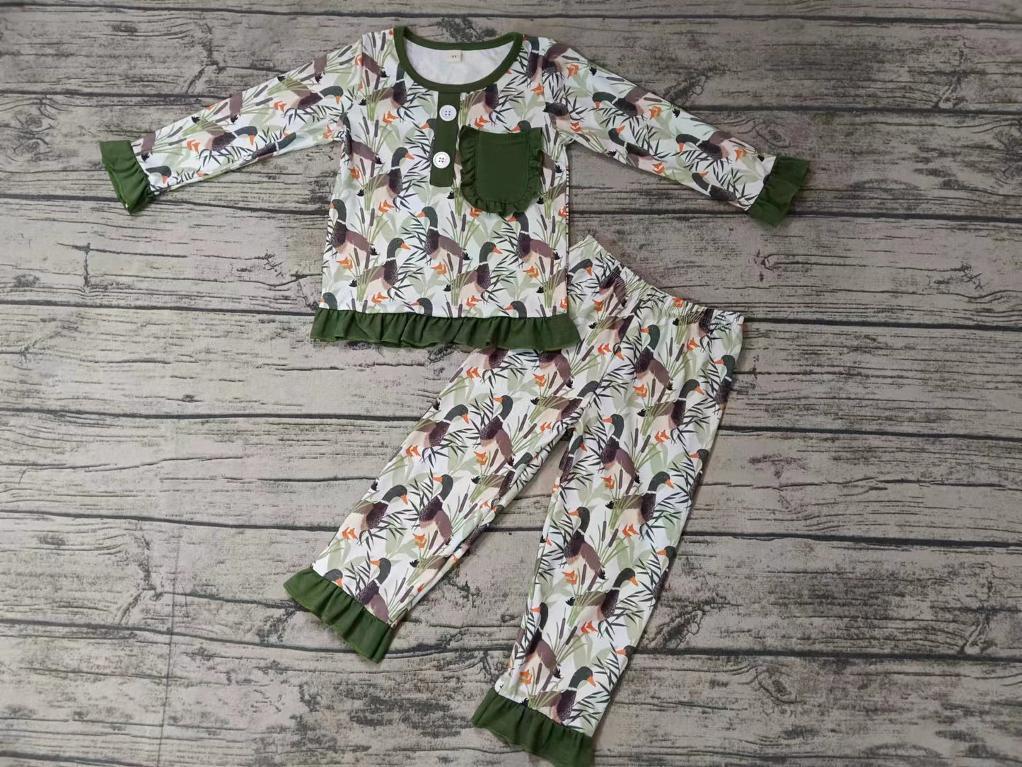 (Custom Design Preorder MOQ 5) Dark Green Duck Print Girls Pajamas Clothes Set