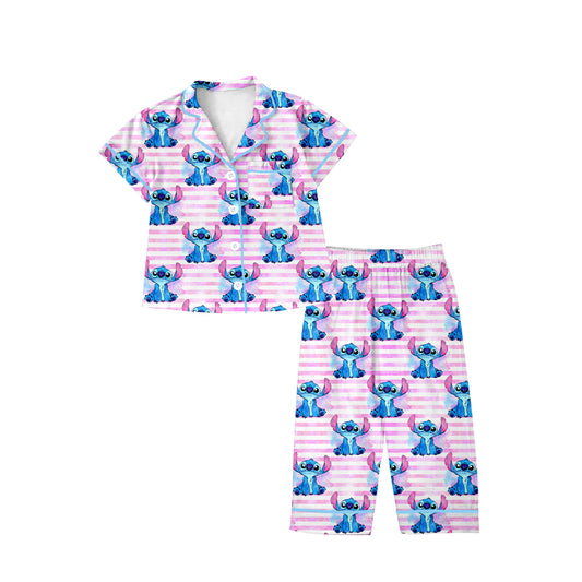 (Custom Design Preorder MOQ 5) Cartoon Animals Pink Stripes Print Girls Fall Buttons Pajamas Clothes Set