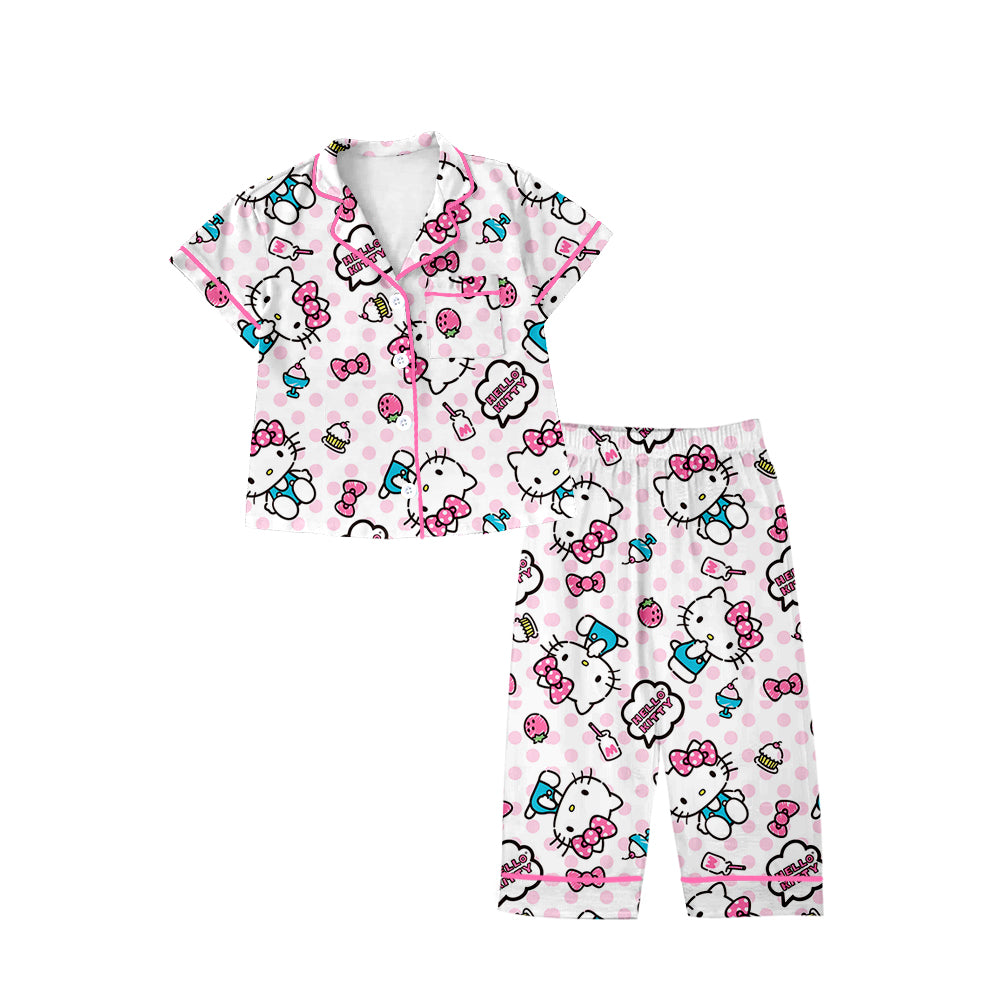 (Custom Design Preorder MOQ 5) Cartoon Cats Pink Print Girls Fall Buttons Pajamas Clothes Set