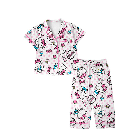 (Custom Design Preorder MOQ 5) Cartoon Cats Pink Print Girls Fall Buttons Pajamas Clothes Set