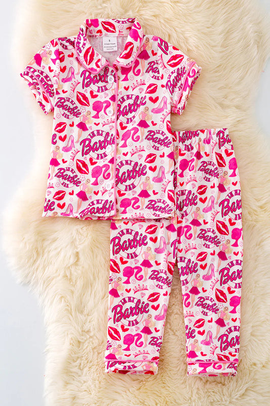 (Custom Design Preorder MOQ 5) Pink BA Heart Print Girls Fall Buttons Pajamas Clothes Set