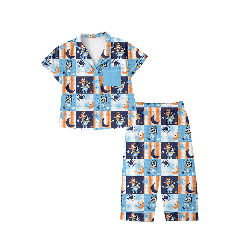 (Custom Design Preorder MOQ 5) Cartoon Dog Plaid Print Girls Fall Buttons Pajamas Clothes Set
