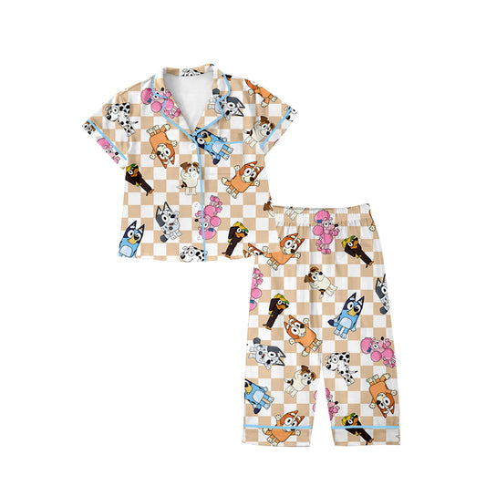 (Custom Design Preorder MOQ 5) Cartoon Dog Plaid Print Girls Fall Buttons Pajamas Clothes Set