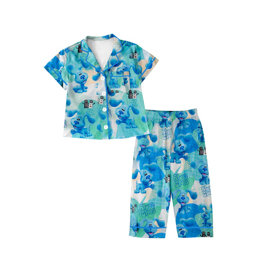 (Custom Design Preorder MOQ 5) Cartoon Dog Blue Print Girls Fall Buttons Pajamas Clothes Set
