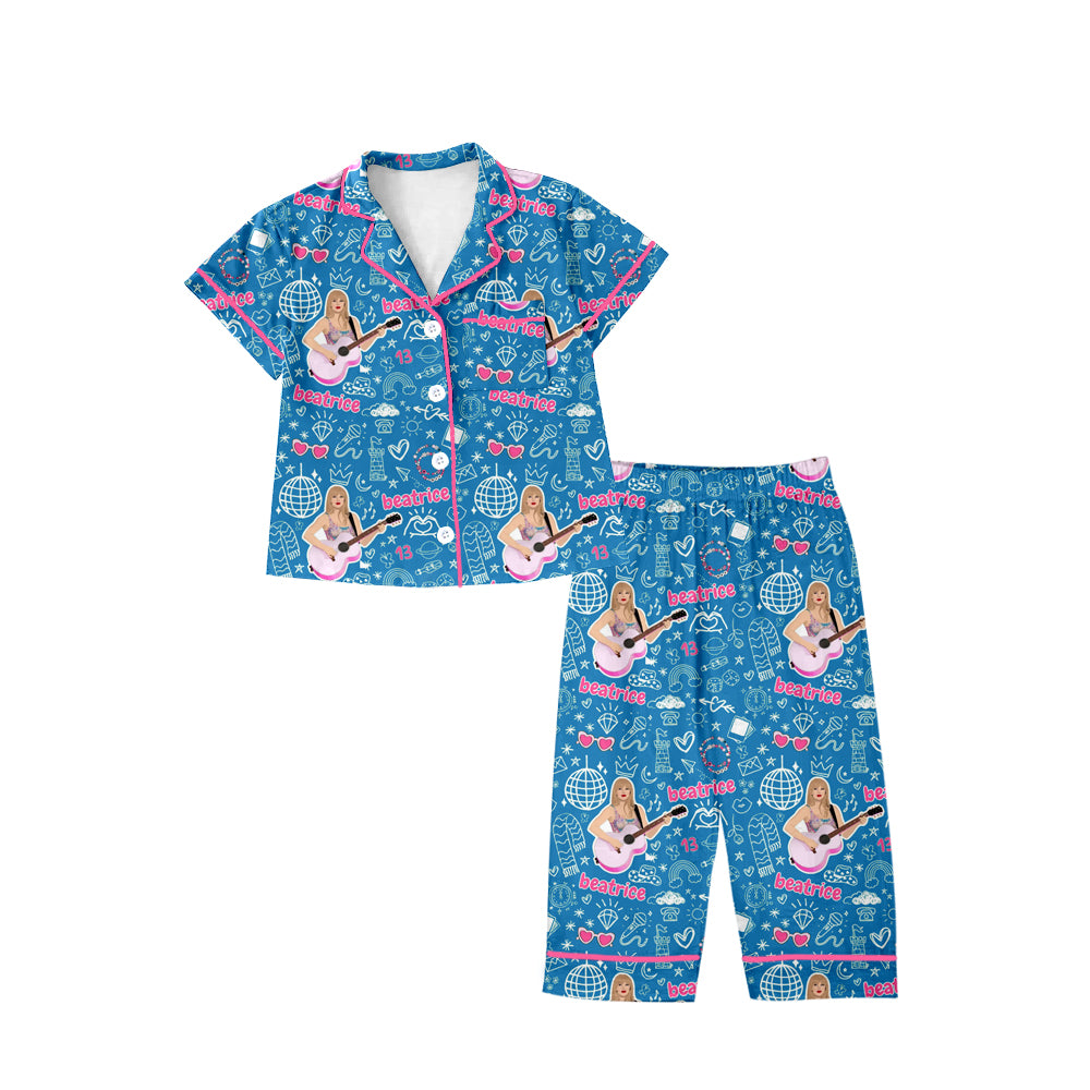 (Custom Design Preorder MOQ 5) Singer Swiftie Blue Print Girls Fall Buttons Pajamas Clothes Set