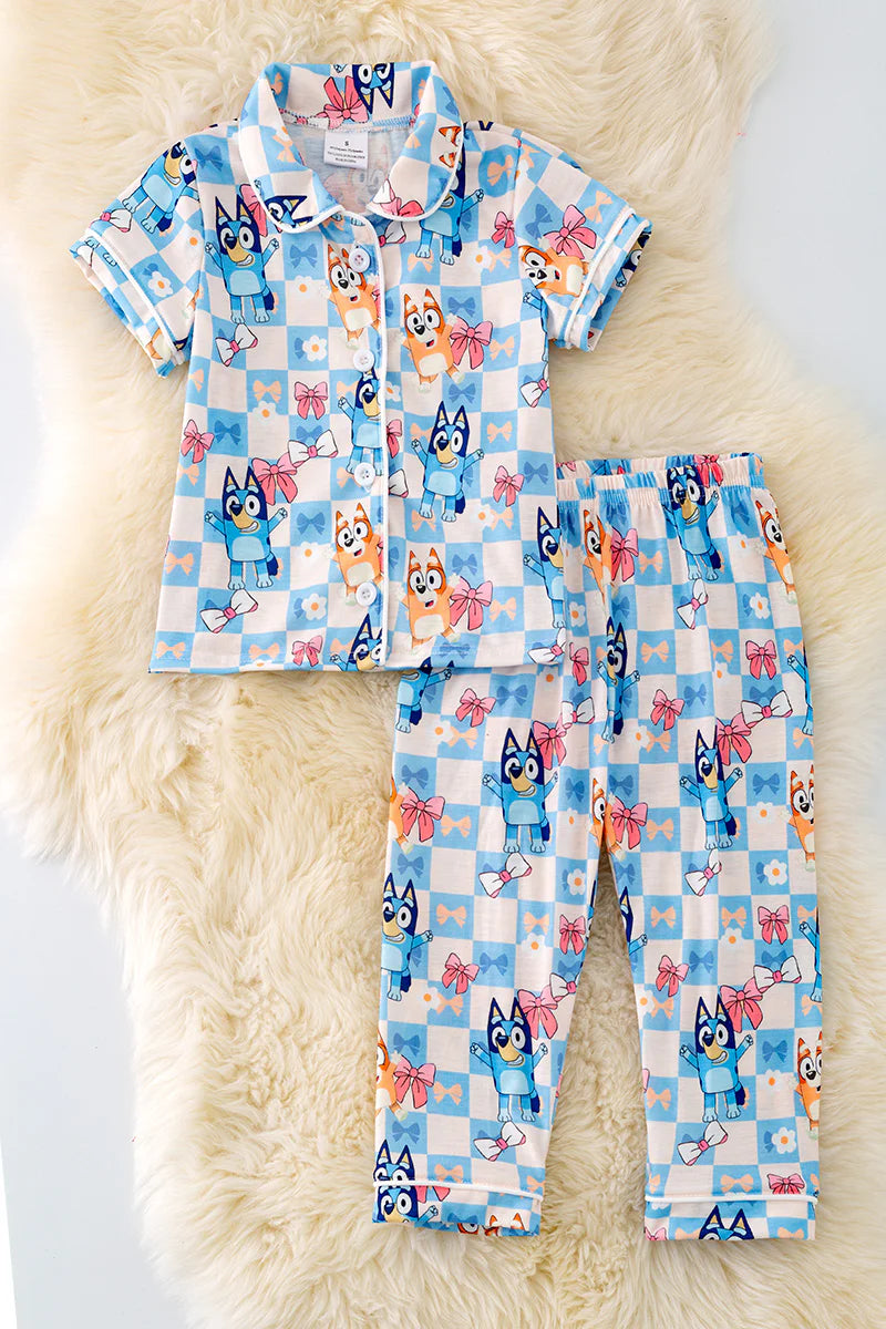 (Custom Design Preorder MOQ 5) Cartoon Dog Bows Blue Print Girls Fall Buttons Pajamas Clothes Set