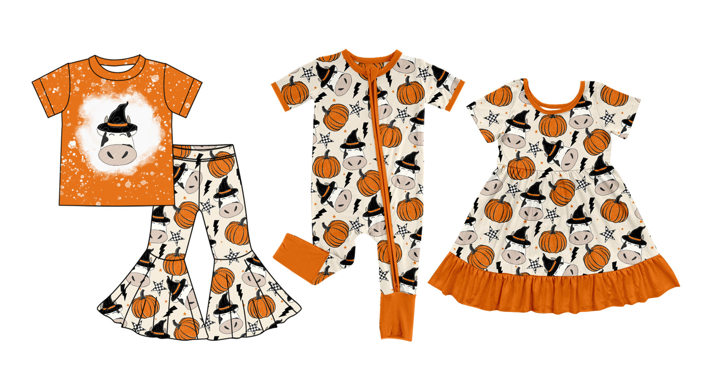 5.5(Custom Design Preorder MOQ 5 Each Design) Cows Pumpkin Print Girls Halloween Matching Clothes Sisters Wear