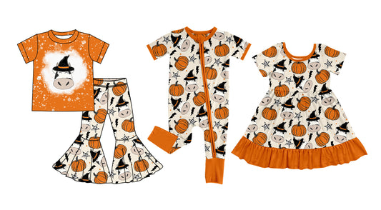 5.5(Custom Design Preorder MOQ 5 Each Design) Cows Pumpkin Print Girls Halloween Matching Clothes Sisters Wear
