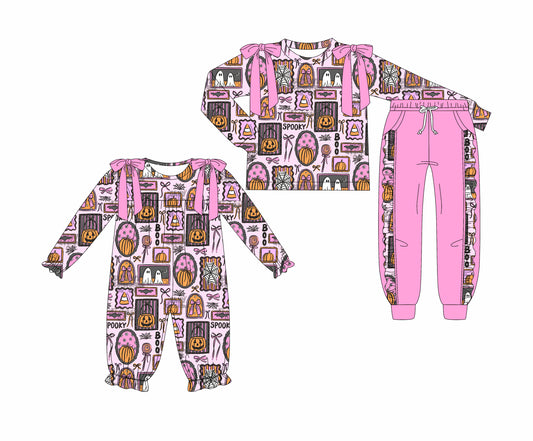 7.1(Custom Design Preorder MOQ 5 Each Design) Pumpkin Bows Spooky BOO Print Girls Halloween Matching Clothes Sisters Wear