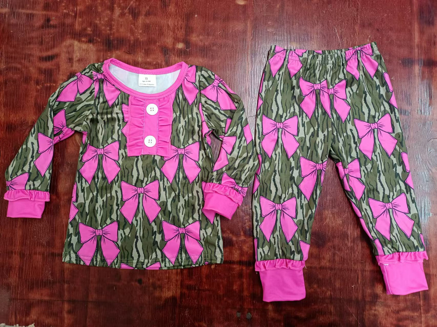 (Custom Design Preorder MOQ 3 ) Pink Bows Camo Print Girls Pajamas Clothes Set