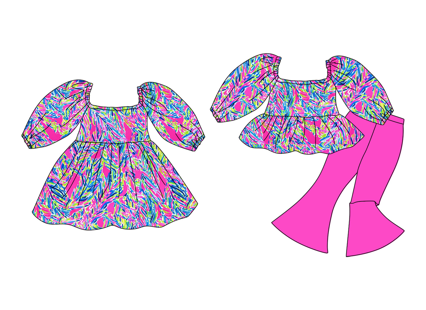 12.10 (Custom Design Preorder MOQ 5 Each Design) Seaweed Hot Pink Print Girls Matching Clothes Sisters Wear