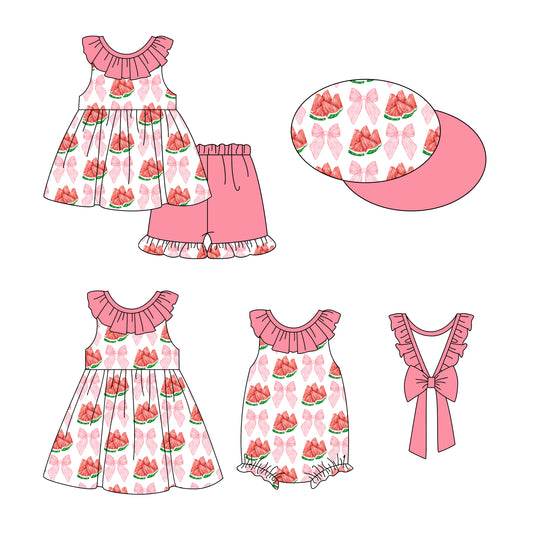 1.3(Custom Design Preorder MOQ 5 Each Design) Watermelon Bows Print Girls Summer Matching Clothes Sisters Wear