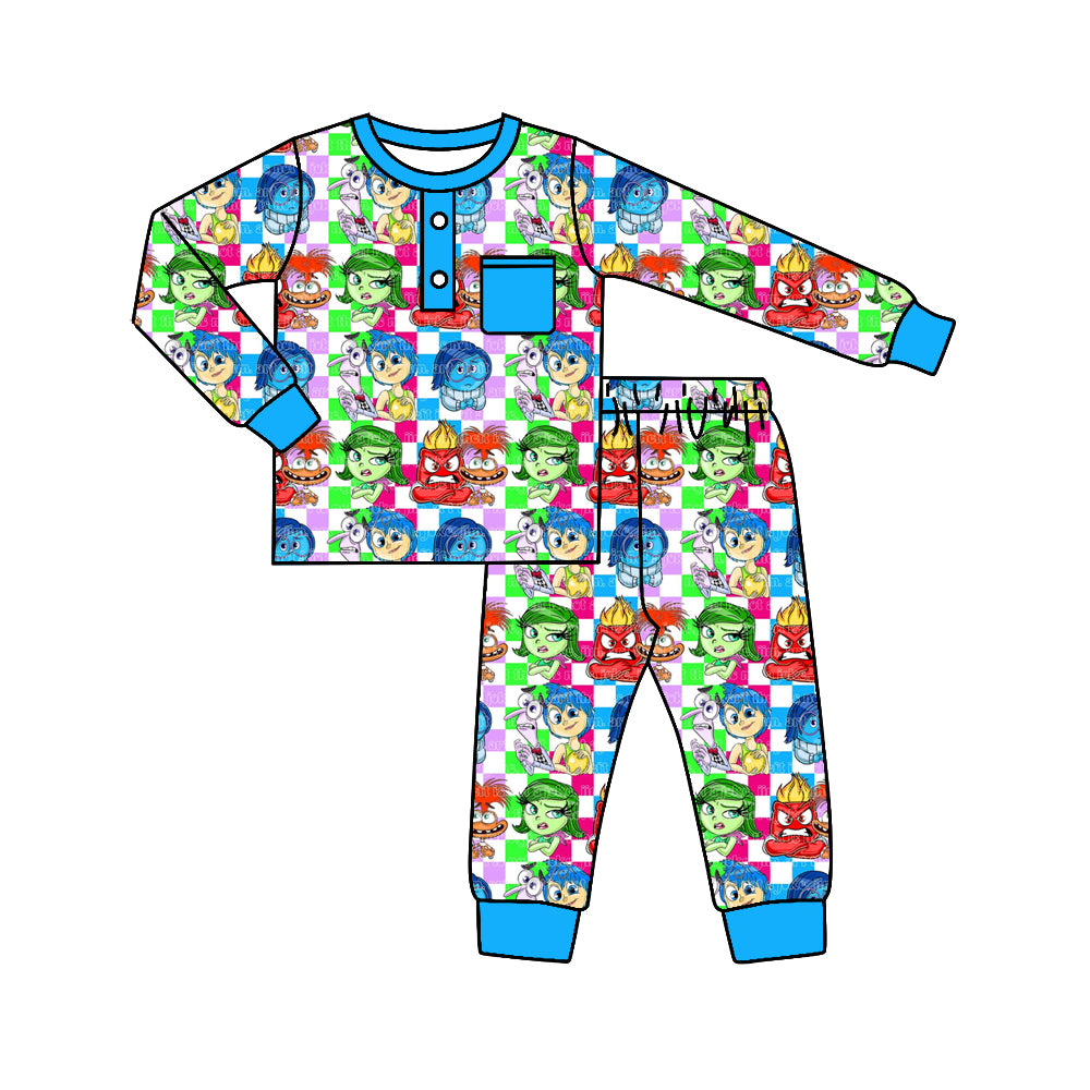 (Custom Design Preorder MOQ 5) Cartoon Figure Inside Out Blue Print Boys Bamboo Pajamas Clothes Set