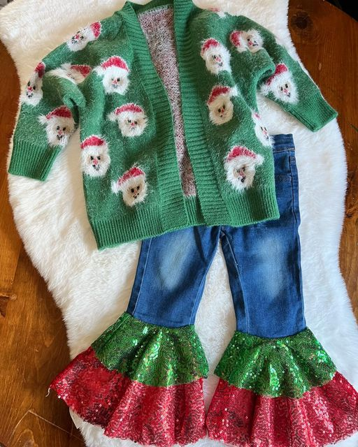 GLP1027 Green Christmas Santa Sweater Cardigan Top Blue Denim Sequin Ruflle Bell Bottom Pants Girls Clothes Set