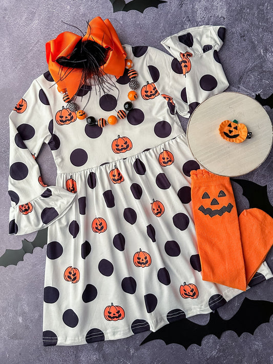 (Custom Design Preorder MOQ 5) Pumpkin Black Dots Print Girls Knee Length Halloween Dress