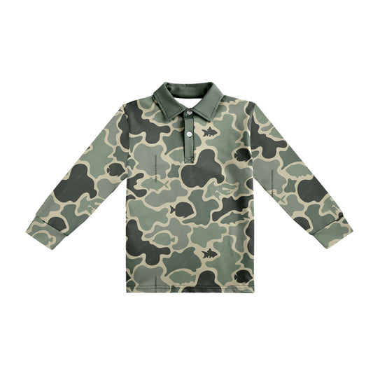 (Custom Design Preorder MOQ 5)  Green Camo Fish Print Kids Long Sleeve Polo Tee Shirts Top