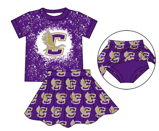 (Custom Design Preorder MOQ 5 ) Team's Bird C Purple Print Skirts Shorts Girls Summer Clothes Set