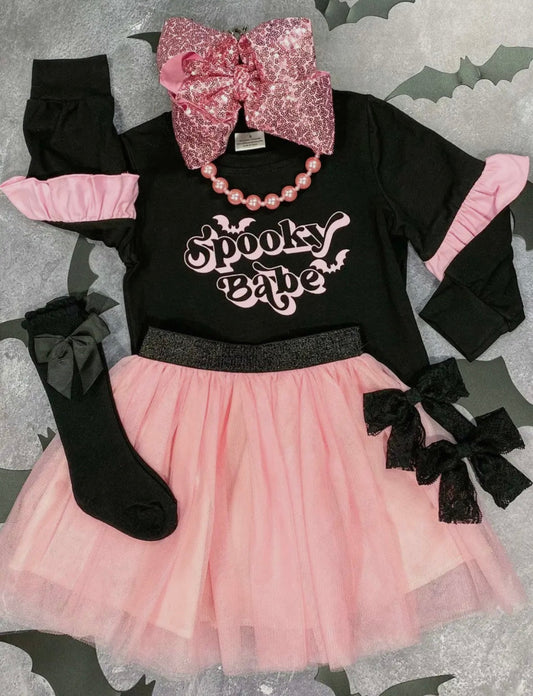 (Custom Design Preorder MOQ 5) SPOOKY BABE Top Pink Tulle Skirts Girls Halloween Clothes Set