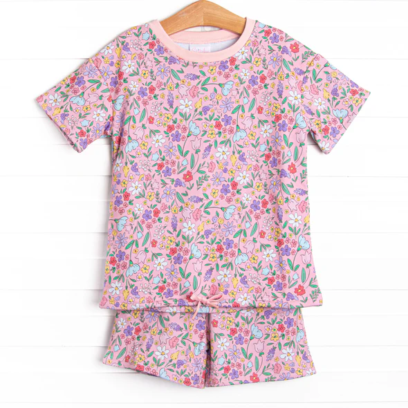 (Custom Design Preorder MOQ 5) Colorful Flowers Print Girls Summer Clothes Set
