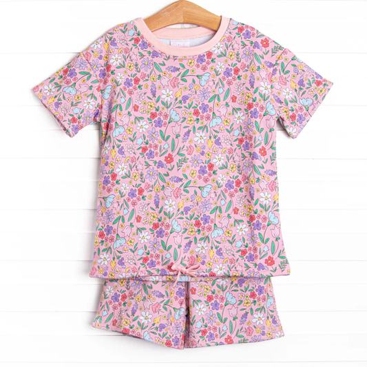 (Custom Design Preorder MOQ 5) Colorful Flowers Print Girls Summer Clothes Set