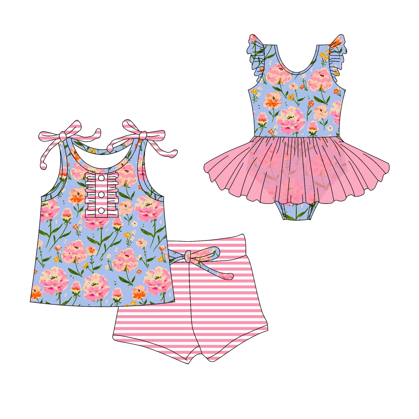 3.10(Custom Design Preorder MOQ 5 Each Design) Pink Flowers Blue Print Girls Summer Matching Clothes Sisters Wear
