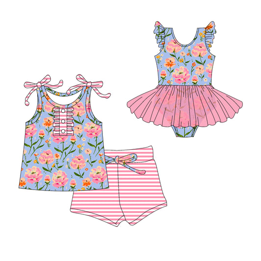 3.10(Custom Design Preorder MOQ 5 Each Design) Pink Flowers Blue Print Girls Summer Matching Clothes Sisters Wear