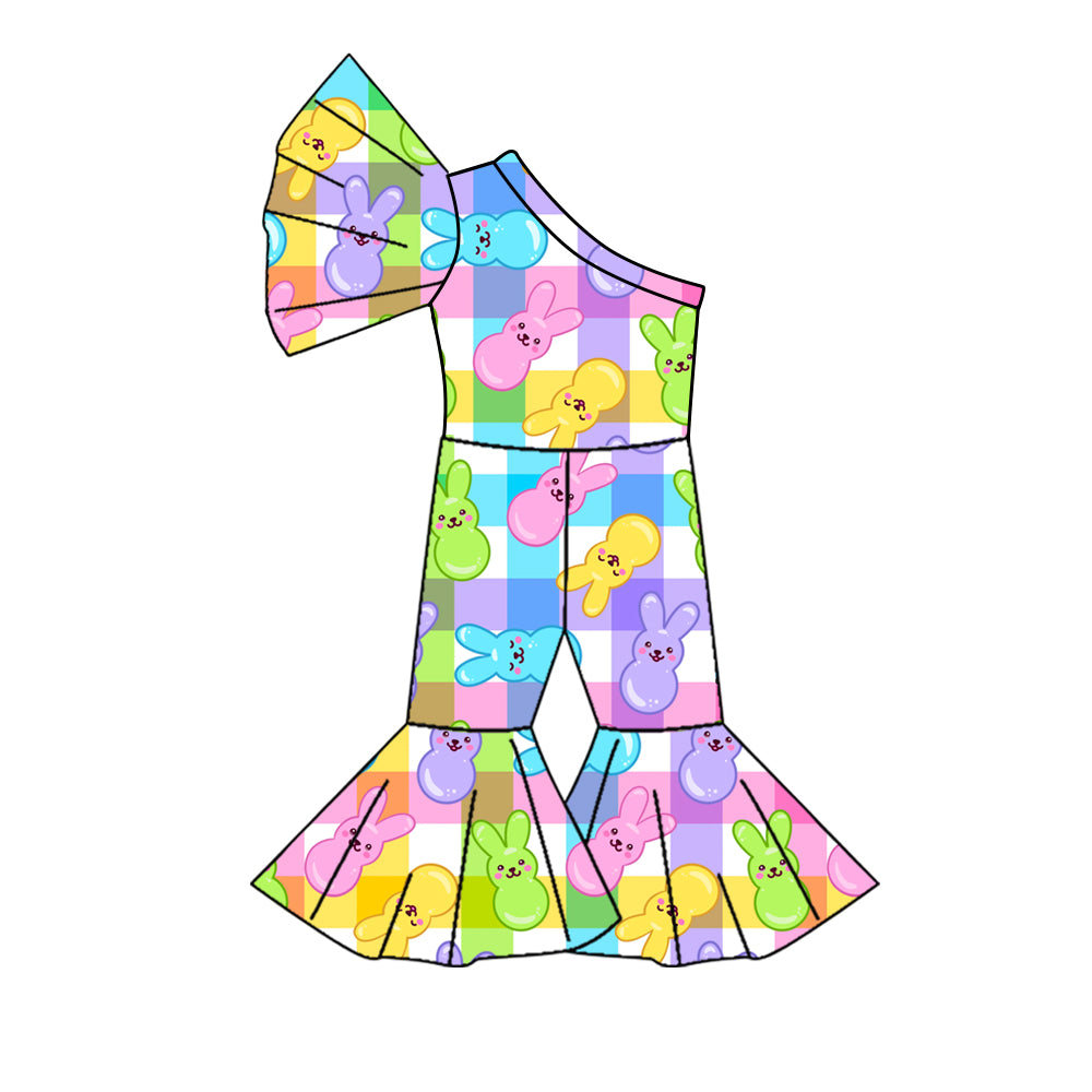 (Custom Design Preorder MOQ 5) Colorful Bunny Plaid Print Girls Easter One Shoulder Jumpsuits