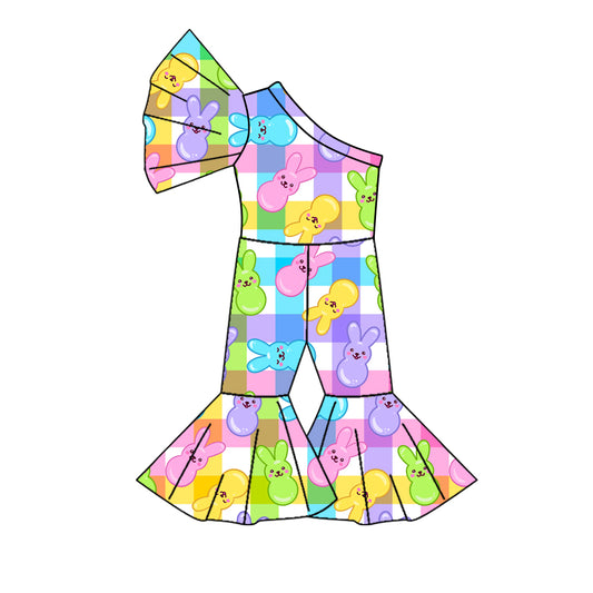 (Custom Design Preorder MOQ 5) Colorful Bunny Plaid Print Girls Easter One Shoulder Jumpsuits