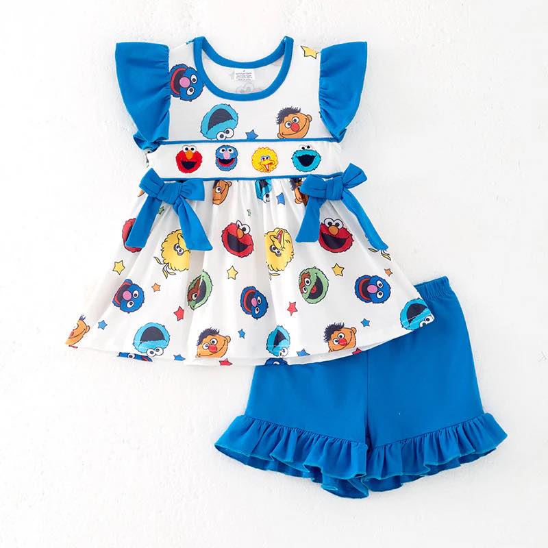 (Custom Design Preorder MOQ 5) Cartoon Street Shorts Girls Summer Clothes Set