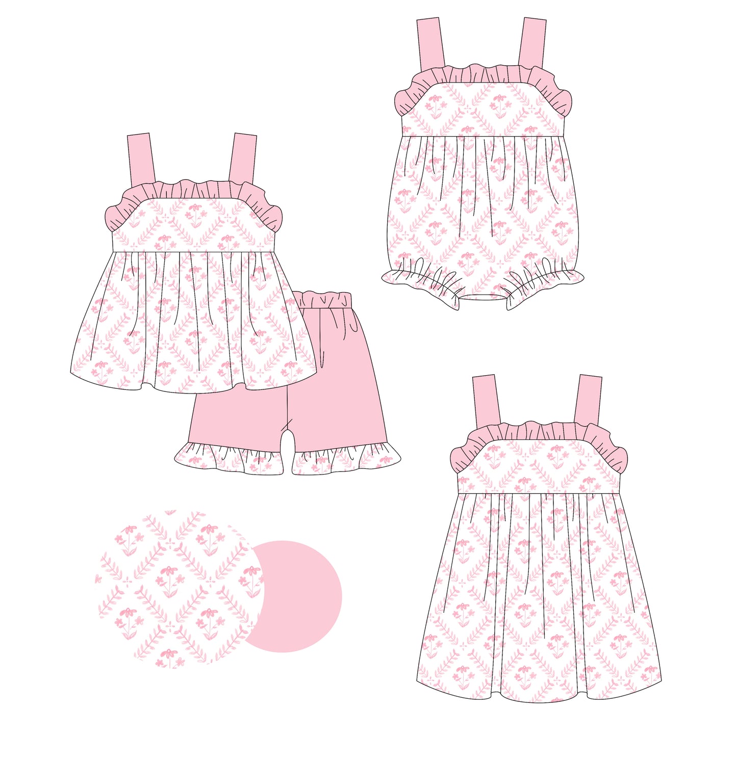 3.6(Custom Design Preorder MOQ 5 Each Design) Pink Flowers Print Girls Summer Matching Clothes Sisters Wear