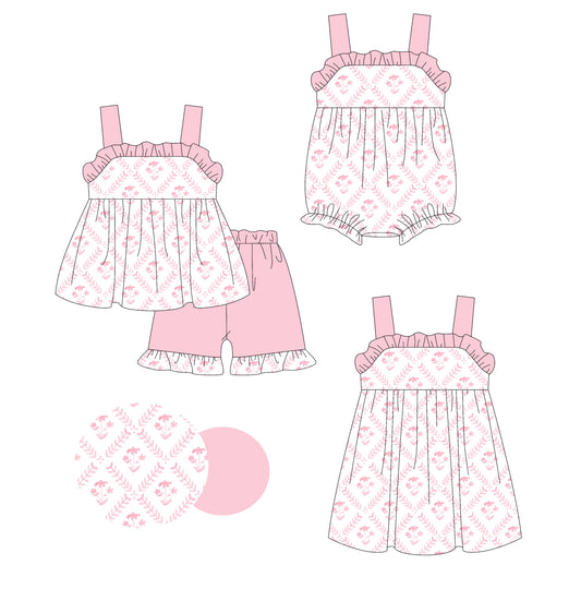 3.6(Custom Design Preorder MOQ 5 Each Design) Pink Flowers Print Girls Summer Matching Clothes Sisters Wear