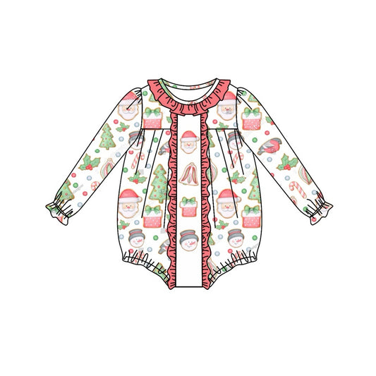 (Custom Design Preorder MOQ 5) Santa Snowman Print Baby Girls Christmas Romper