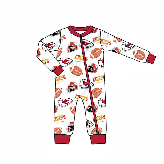 (Custom Design Preorder MOQ 5)  Team's KC White Print Baby Boys Fall Sleeper Zipper Romper